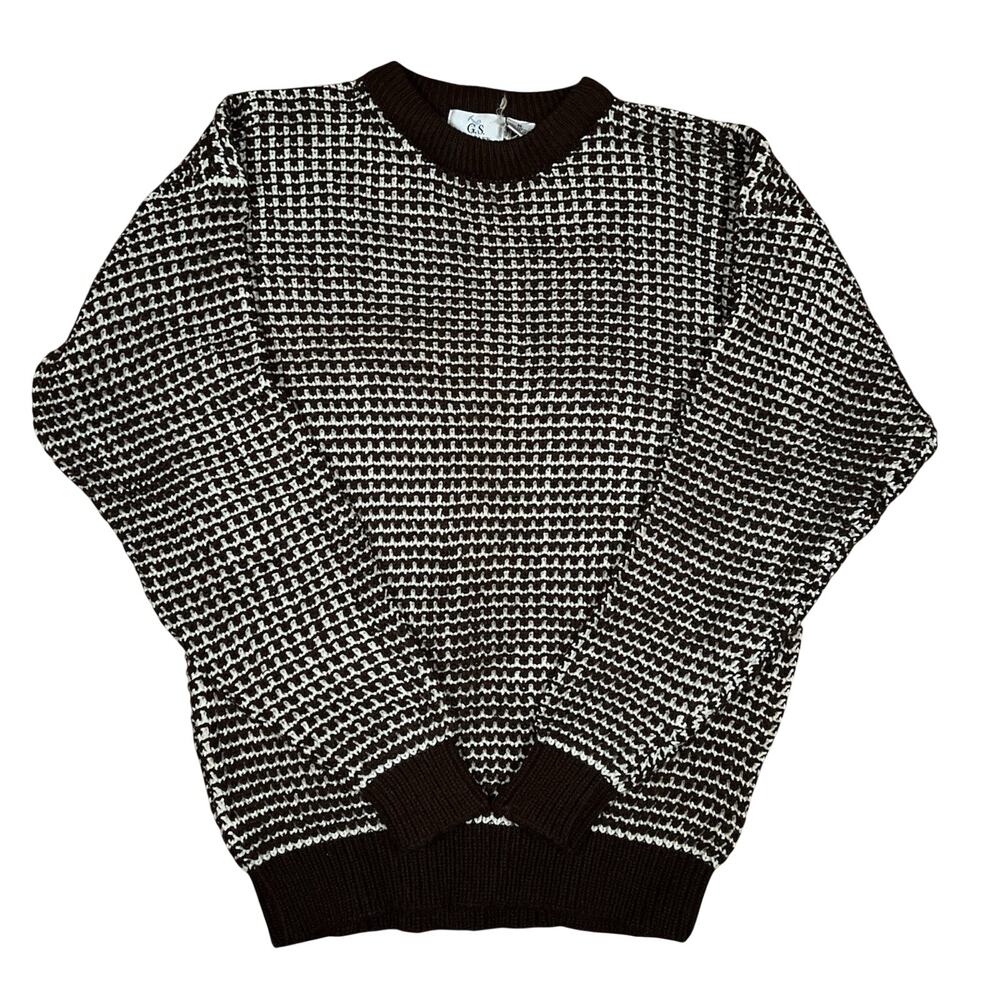 Vintage Chunky Knit Sweater Brown White Checkered Pattern Retro Pullover‎ GS Co.